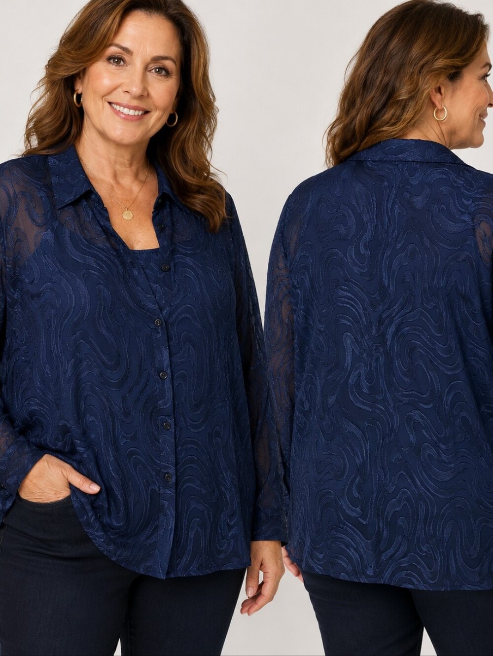 Maggie Barnes 32W Navy Sheer Swirl Button Front Blouse & Cami Plus Size Artsy Mo